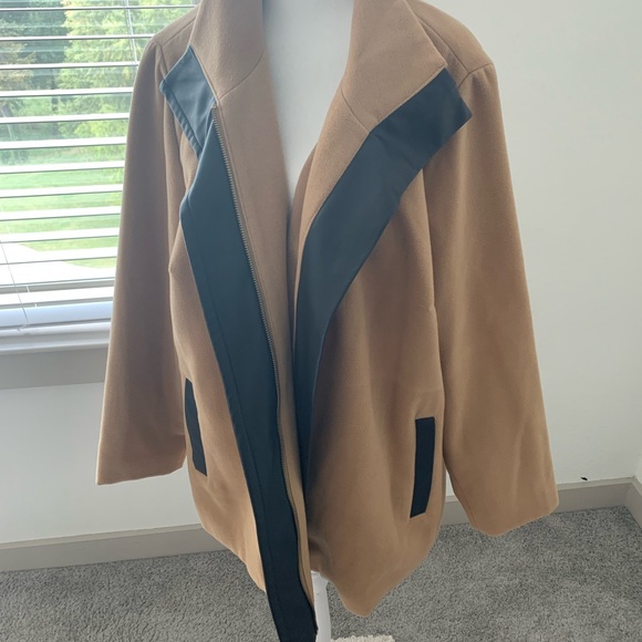 Tan and Black Women's Pea Coat with Faux Leather Trim. - Picture 2 of 16